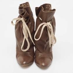 Pre Owned Chloe Olive Green Leather Lace Up Ankle Boots Size 37