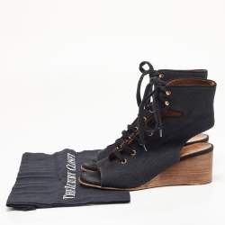 Pre Owned Chloe Black Canvas Lace Up Open Toe Block Heel Ankle Wedge Booties Size 38
