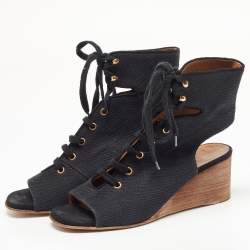 Pre Owned Chloe Black Canvas Lace Up Open Toe Block Heel Ankle Wedge Booties Size 38