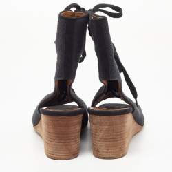 Pre Owned Chloe Black Canvas Lace Up Open Toe Block Heel Ankle Wedge Booties Size 38