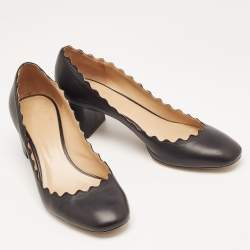 Pre Owned Chloe Black Scalloped Leather Lauren Block Heel Pumps Size 40