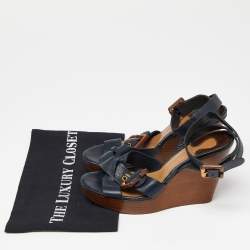 Chloe Navy Blue Leather Buckle Detail Wedge Platform Ankle Wrap Sandals Size 38