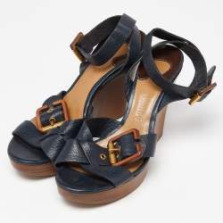 Chloe Navy Blue Leather Buckle Detail Wedge Platform Ankle Wrap Sandals Size 38