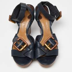 Chloe Navy Blue Leather Buckle Detail Wedge Platform Ankle Wrap Sandals Size 38