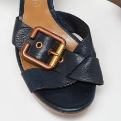 Chloe Navy Blue Leather Buckle Detail Wedge Platform Ankle Wrap Sandals Size 38