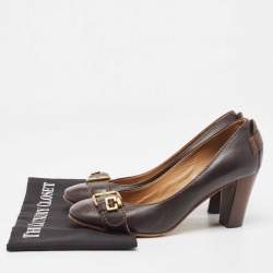 Pre Owned Chloe Brown Leather Buckle Detail Round Toe Block Heel Pumps Size 38