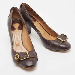 Pre Owned Chloe Brown Leather Buckle Detail Round Toe Block Heel Pumps Size 38
