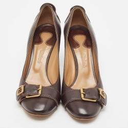 Pre Owned Chloe Brown Leather Buckle Detail Round Toe Block Heel Pumps Size 38