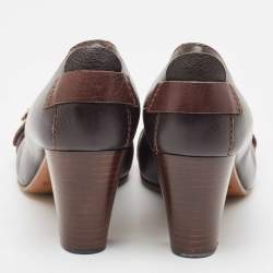 Pre Owned Chloe Brown Leather Buckle Detail Round Toe Block Heel Pumps Size 38