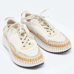 Chloe White/Brown Fabric and Suede Nama Low Top Sneakers Size 36