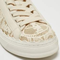 Pre Owned Chloe Cream Lace And Leather Lauren Lace Up Sneakers Size 36