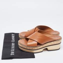 Chloe Brown Leather Woody Leather Slides Sandals Size 37