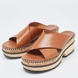 Chloe Brown Leather Woody Leather Slides Sandals Size 37