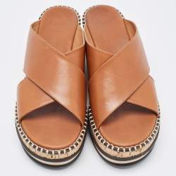 Chloe Brown Leather Woody Leather Slides Sandals Size 37