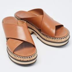 Chloe Brown Leather Woody Leather Slides Sandals Size 37