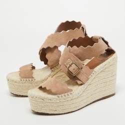 Chloe Beige Suede Lauren Scalloped Espadrille Wage Sandals Size 39