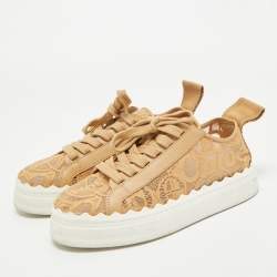 Pre Owned Chloe Beige Mesh and Leather Lauren Lace Up Sneakers Size 36