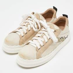 Pre Owned Chloé Beige Canvas and Suede Lauren Logo Embroidered Low Top Sneakers Size 39