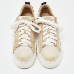 Pre Owned Chloé Beige Canvas and Suede Lauren Logo Embroidered Low Top Sneakers Size 39