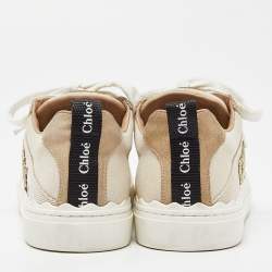 Pre Owned Chloé Beige Canvas and Suede Lauren Logo Embroidered Low Top Sneakers Size 39