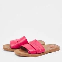 مملوكة مسبقًا Chloe Pink Leather Embroidered Logo Woody Flat Slides Size 39