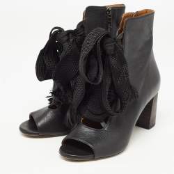 Chloe Black Leather Harper Peep Toe Ankle Wrap Booties Size 37.5