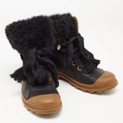 Pre Owned Chloe Black Leather and Fur Lace Up Ankle Boots Size 39