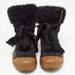 Pre Owned Chloe Black Leather and Fur Lace Up Ankle Boots Size 39