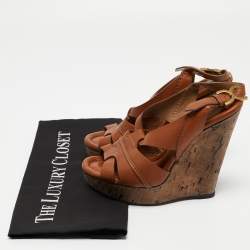Chloe Brown Leather Cork Wedge Slingback Sandals Size 38