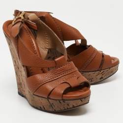 Chloe Brown Leather Cork Wedge Slingback Sandals Size 38