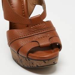 Chloe Brown Leather Cork Wedge Slingback Sandals Size 38