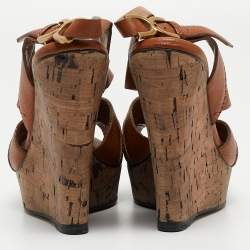 Chloe Brown Leather Cork Wedge Slingback Sandals Size 38
