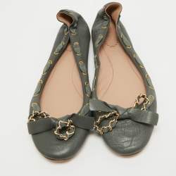 Pre Owned Chloe Grey Leather Knotted Chain Bow Ballet Flats Size 38