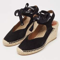 Pre Owned Chloe Black Suede Espadrille Wedge Slingback Ankle Tie Pumps Size 39