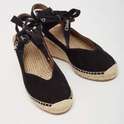 Pre Owned Chloe Black Suede Espadrille Wedge Slingback Ankle Tie Pumps Size 39