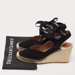 Pre Owned Chloe Black Suede Espadrille Wedge Slingback Ankle Tie Pumps Size 39