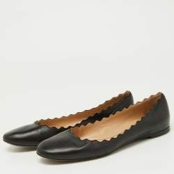 مملوكة مسبقًا Chloe Black Scalloped Leather Lauren Ballet Flats Size 38.5