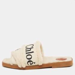 Chloe White Canvas and Fur Shearling Woody Slide Flats Size 39