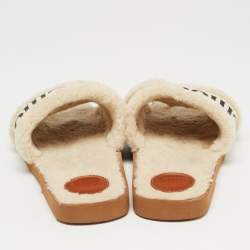 Chloe White Canvas and Fur Shearling Woody Slide Flats Size 39