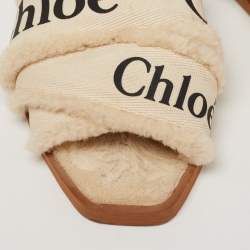 Chloe White Canvas and Fur Shearling Woody Slide Flats Size 39
