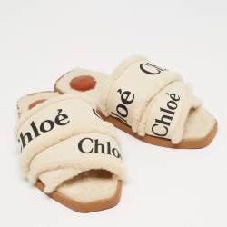 Chloe White Canvas and Fur Shearling Woody Slide Flats Size 39