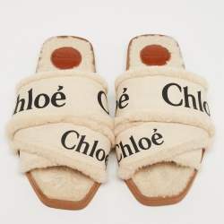 Chloe White Canvas and Fur Shearling Woody Slide Flats Size 39