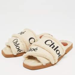 Chloe White Canvas and Fur Shearling Woody Slide Flats Size 39