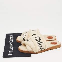 Chloe White Canvas and Fur Shearling Woody Slide Flats Size 39