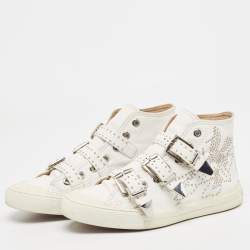 Pre Owned Chloe White Leather Studded Buckle High Top Sneakers Size 37
