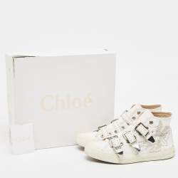 Pre Owned Chloe White Leather Studded Buckle High Top Sneakers Size 37