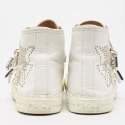 Pre Owned Chloe White Leather Studded Buckle High Top Sneakers Size 37