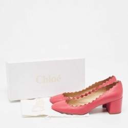 Pre Owned Chloe Coral Pink Scalloped Leather Lauren Block Heel Pumps Size 38.5