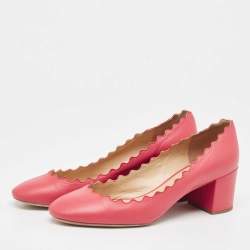 Pre Owned Chloe Coral Pink Scalloped Leather Lauren Block Heel Pumps Size 38.5