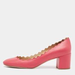 Pre Owned Chloe Coral Pink Scalloped Leather Lauren Block Heel Pumps Size 38.5